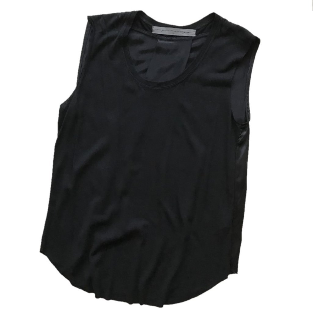 Raquel Allegra Black Silk Tunic Top Sleeveless Pleated Raw Hem Size 1 Small